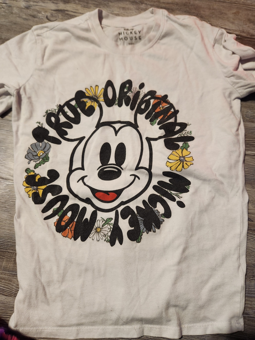 Disney White Short Sleeve Tee with Black Mickey and Floral Accents